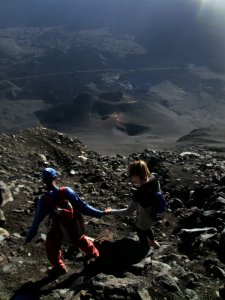 Carols guiding Renée down the volcano